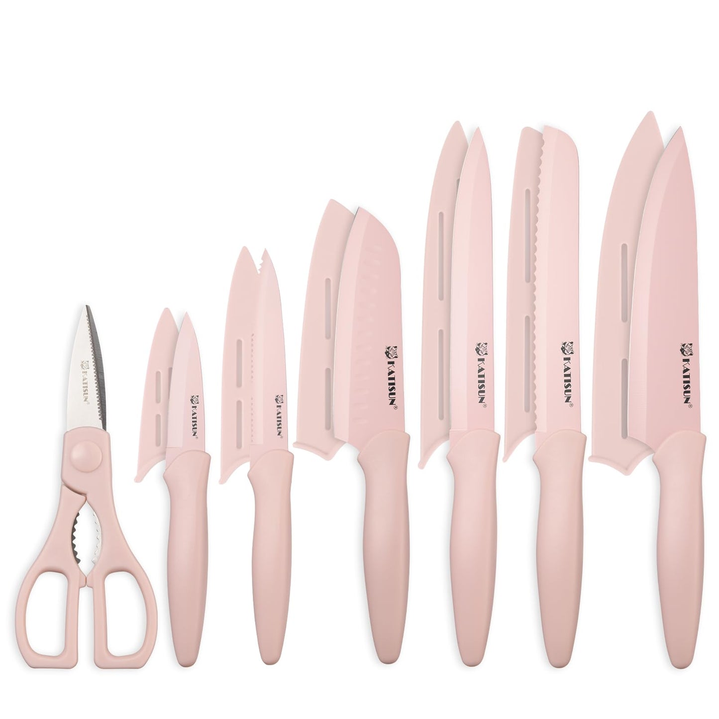 Kitchen Knife Set With Guards, 13 Piece Pink Non-Stick Boxed Knives Set, Anti-Rust And Dishwasher Safe, 6 Knives With 6 Blade Covers And Kitchen Shears