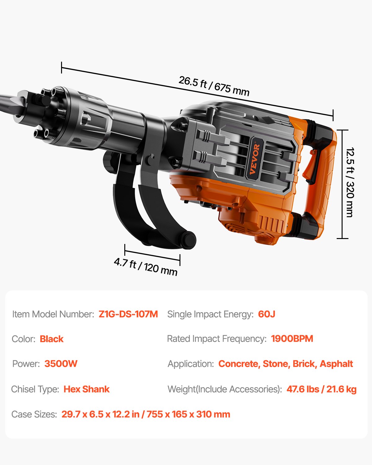 Demolition Jack Hammer, 3500W Jack Hammer Concrete Breaker, 2pcs Chisel With Gloves  360C Swiveling Front Handle For Trenching, 1900 BPM Heavy Duty Electric Jack Hammer, Black