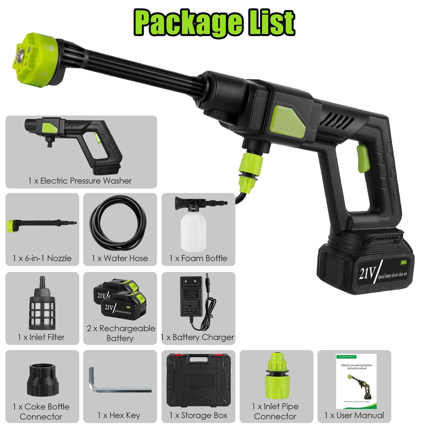 1Set C Portable Electric Power Washer High Pressure Water Sprayer 435PSI Car Washer Cleaner With 6 In 1 Nozzle Foam Bottle Filter 15000mAh 21V Battery And Charger