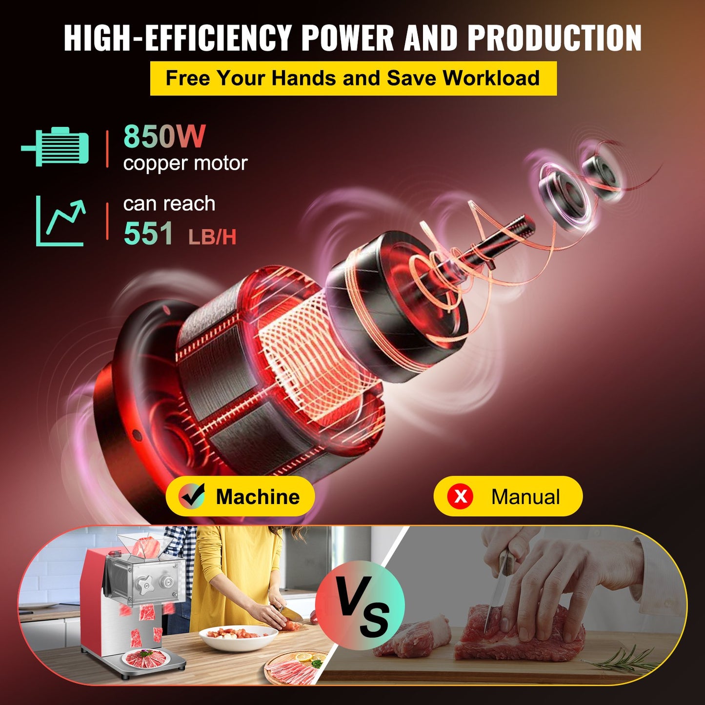 Commercial Meat Cutting Machine, 551 Lbs/H 850W Meat Shredding Machine, 3.5mm Blade Electric Meat Cutter, Stainless Steel Restaurant Food Cutter, For Kitchen Supermarket Lamb Beef Chicken, Red