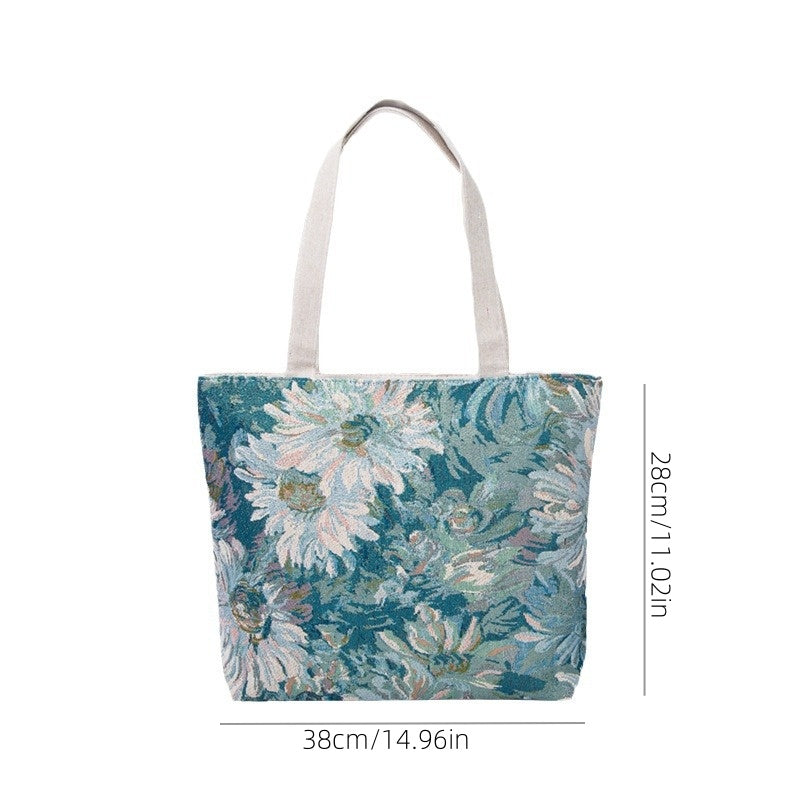 Large Capacity Embroidered Vintage Tote Bag - Sunflower Floral Monet-Garden Design
