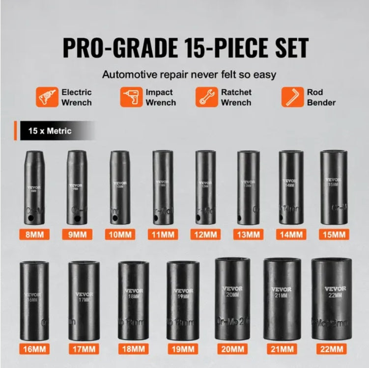 VEVOR Impact Sockets Set 15pcs 6-Point 3 8in Drive Bit Ratchet Tool Kit Case