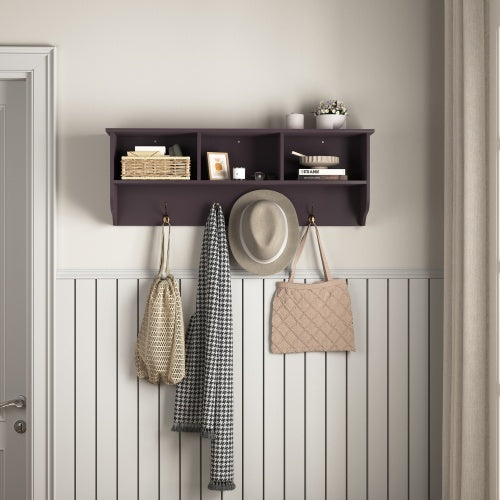 Espresso Entryway Wall Mounted Coat Rack With 4 Dual Hooks Living Room Wooden Storage Shelf