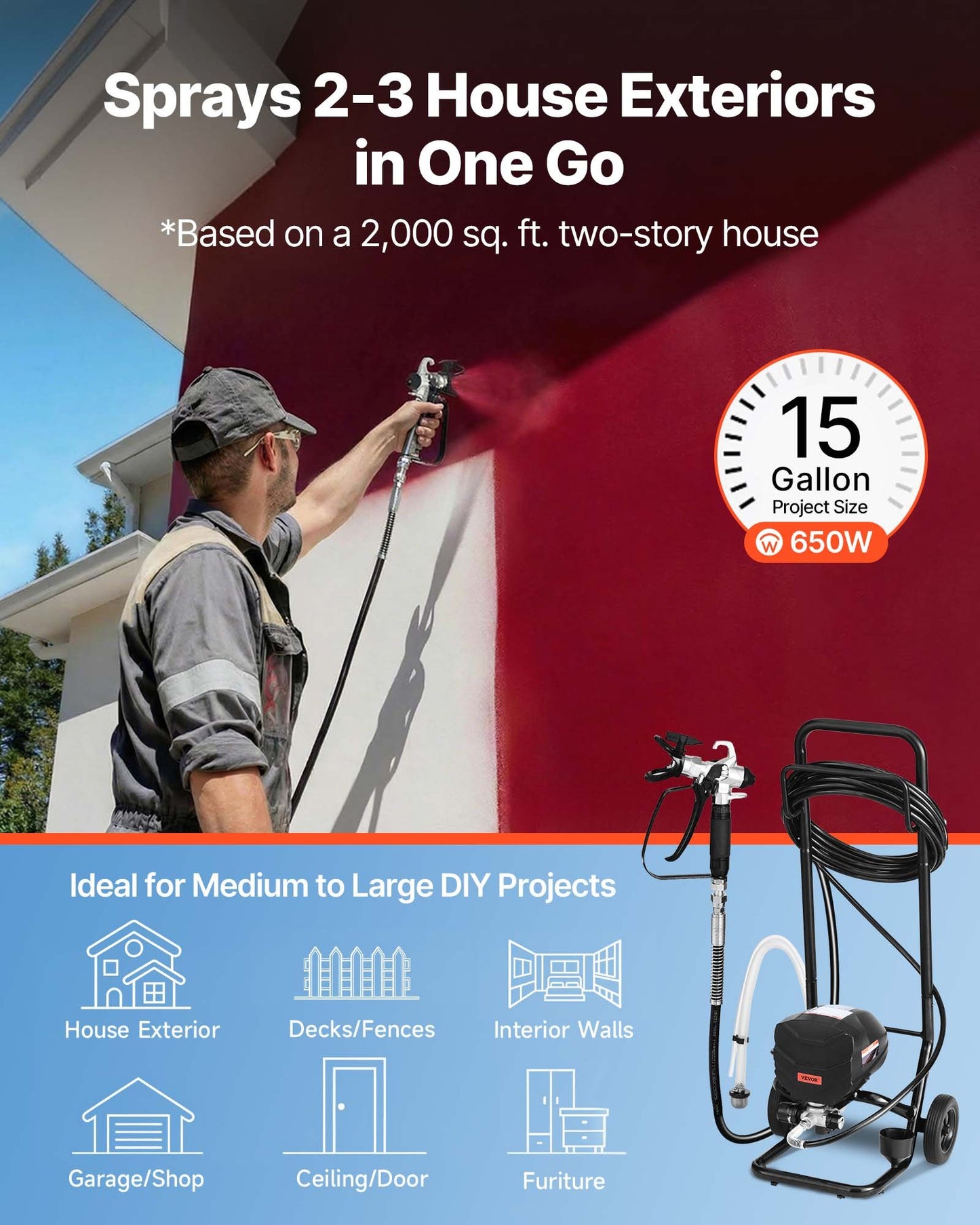 Stand Airless Paint Sprayer, 650W, 3000PSI High Pressure Airless Sprayer With Cart, Cleaning Brush, Hose, Extension Rod, Nozzles, Electric Spray Paint Machine For House Exterior And Interior