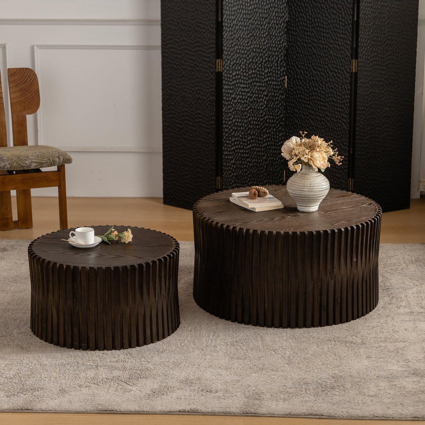 Vintage Fashion Style Cylindrical Nesting Coffee Table Set With Vertical Textured Embossed Design For Living Room, Office And Dining Room, Dark Brown  Set Of 2