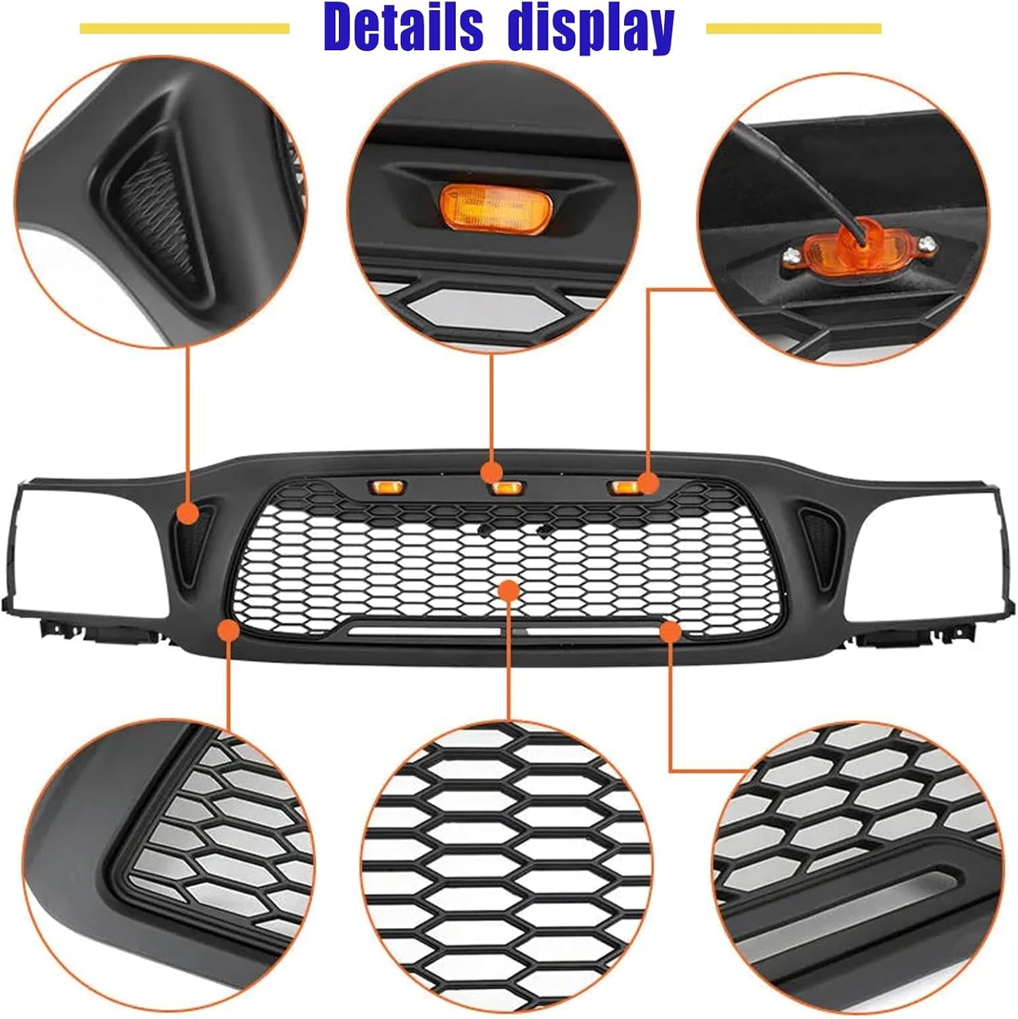 Front Grille Fits For Tacoma 2001 2002 2003 2004 With Amber LED Accent Lights Matte Black