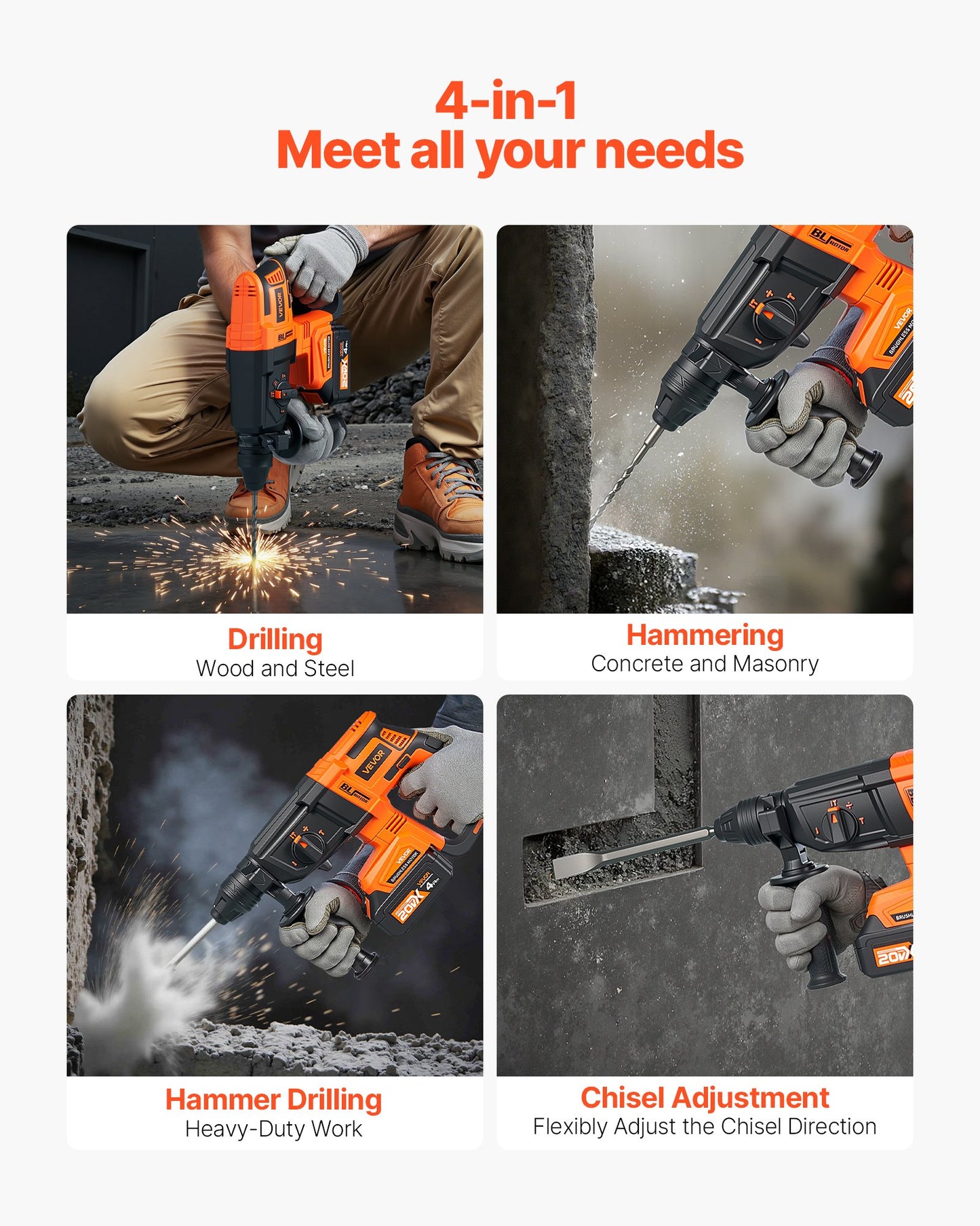 20V SDS-Plus Brushless Cordless Rotary Hammer Drill Kit 1.1 In 1200RPM 4Function