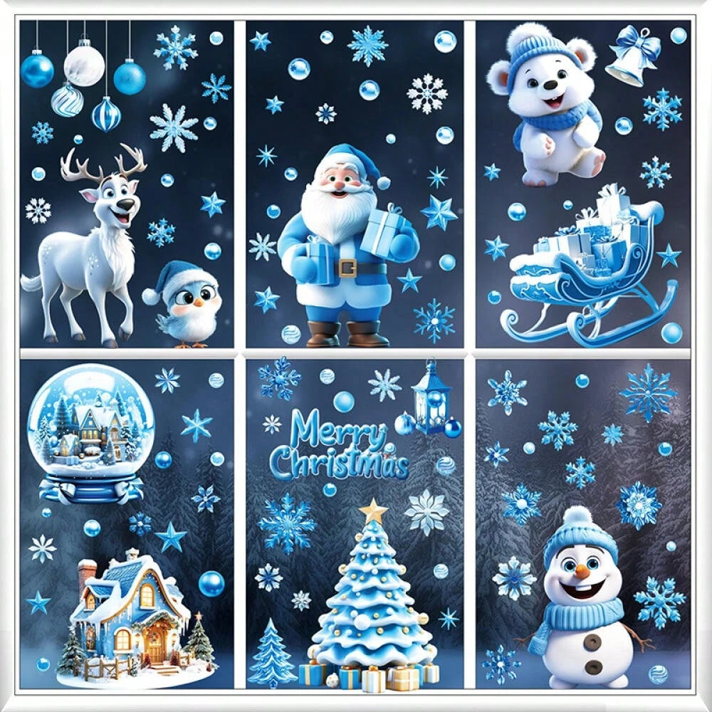 9 Sheets Christmas Window Stickers Blue Gnome Double-Sided Printed Xmas Self-Adhesive Window Sticker PVC Snowflakes Window Sticker For Christmas Home Window Indoor Garden Decoration
