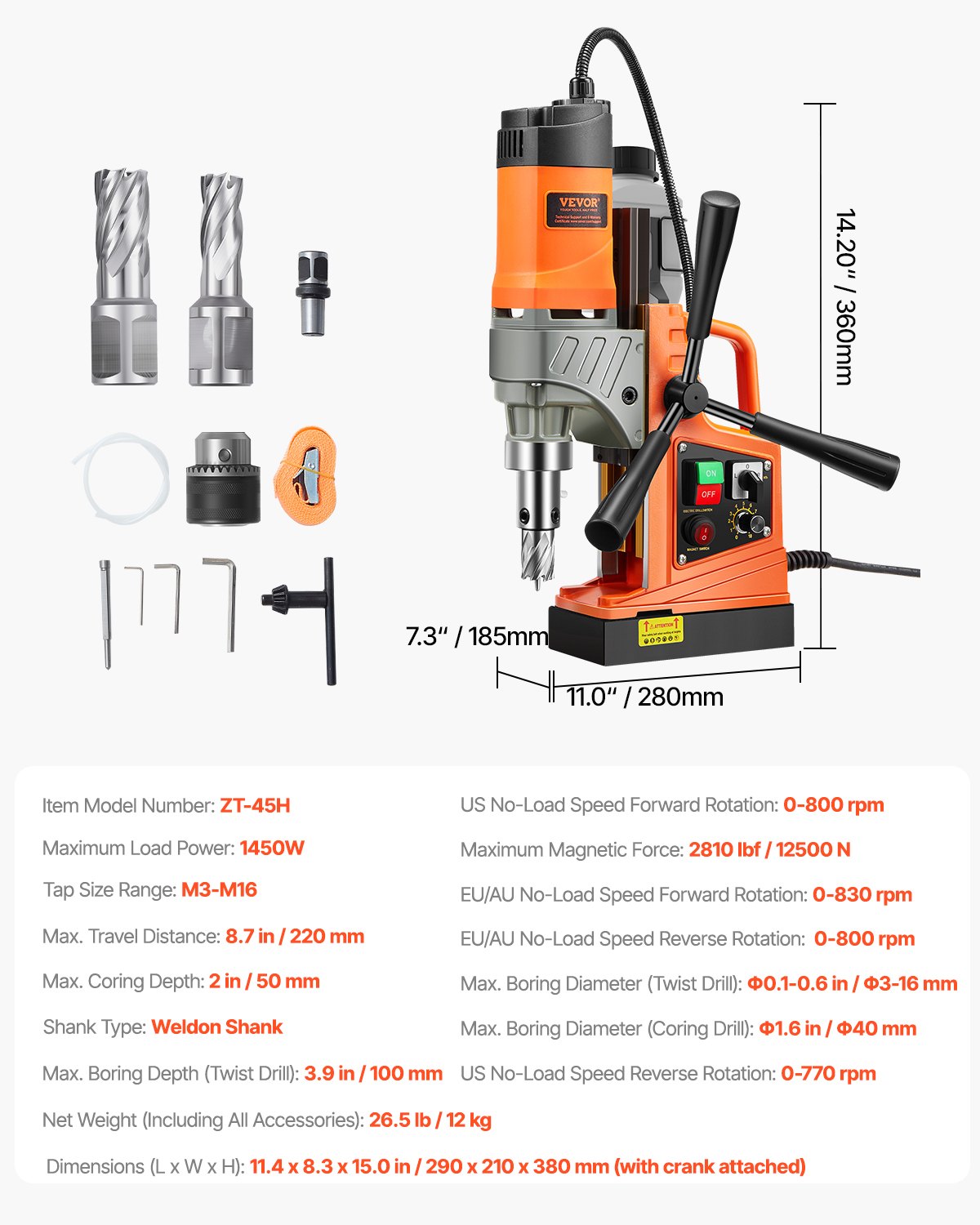 Magnetic Drill 1450W 12500N Portable Mag Drill Press 800RPM