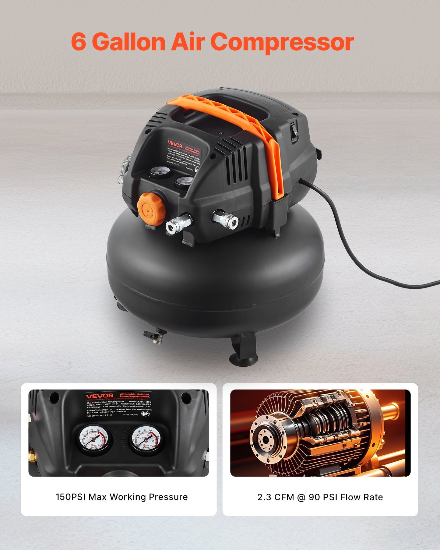 6 Gallon Air Compressor, 1.7HP 2.3CFM@90PSI Portable Pancake Air Compressor & 150PSI Max Pressure, 12-Piece Accessory Kit With 25FT Air Hose For Tire Inflation, Spray Painting, Woodwork Nailing