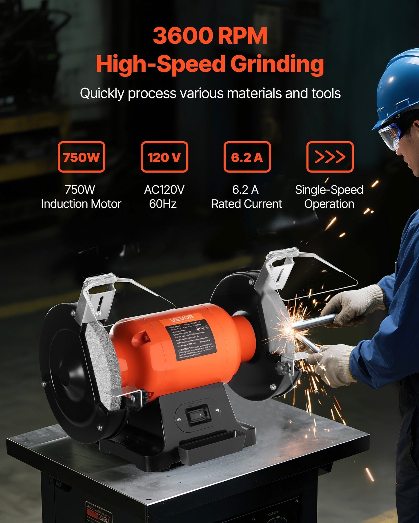 Bench Grinder, 8-inch Single Speed Bench Grinder, 3450RPM High-Speed Table Grinders With 750W 6.2A Induction Motor, 36/60-Grit Grinding Wheel & Adjustable Eye Shield For Fast Sharpening Grinding